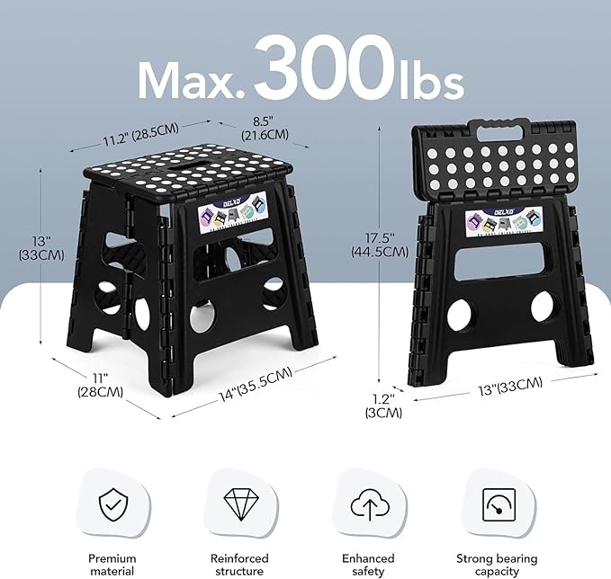 Delxo Folding Step Stool 13 Inch,300 Lbs Step Stool for Adults Black | Foldable Step Stool 13",Non-Slip Foot Stools with Handle,Lightweight Collapsible stools for Kitchen,Bathroom,Bedroom,Garden - Image 2