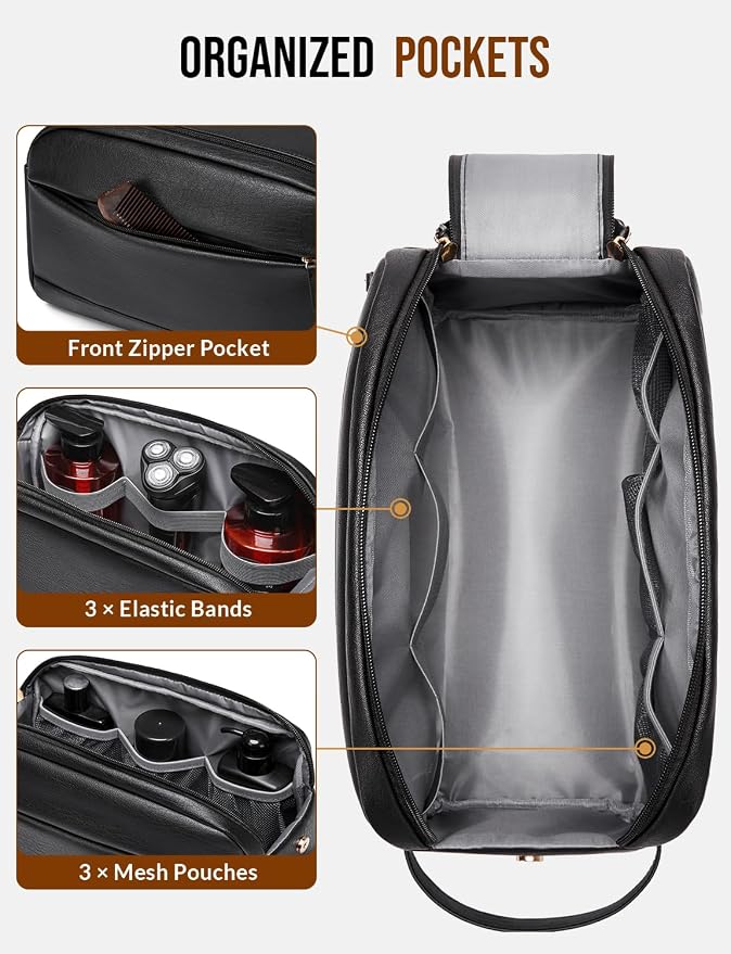 Large PU Leather Toiletry Bag for Men - Water Resistant Travel Bag for Toiletries, Bathroom Essentials, Accessories - Black - Image 3