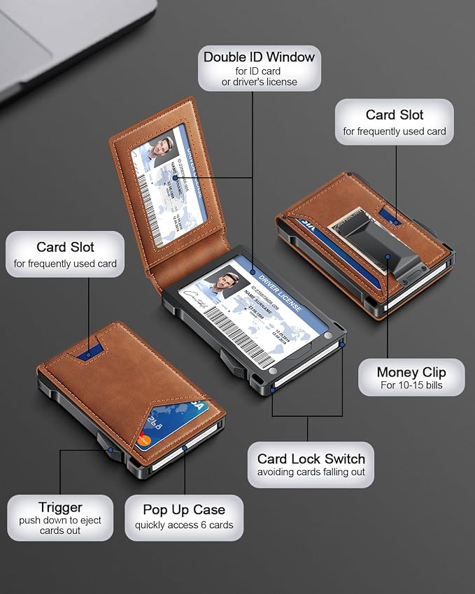 Wallet for Men RFID Wallet with 2 ID Windows & Money Clip, Slim Pop Up Card Holder for 10-12 Cards, Bifold Minimalist Smart Wallet for Front Pocket, Compact Metal Credit Card Holder, Gifts for Men - Image 6