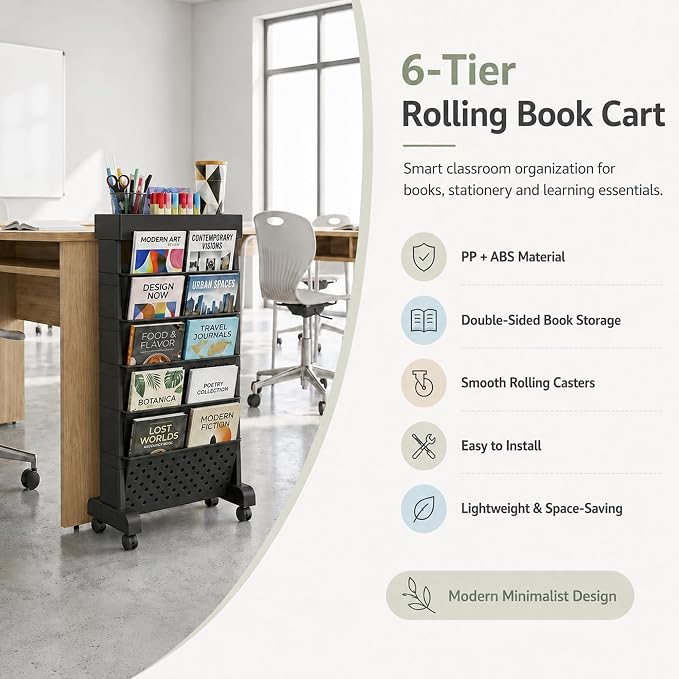 6-Tier Rolling Bookshelf Magazine Rack with Wheels Black | Mobile Bookcase, Book Storage File Folder Organizer Cart for Home Study Office Living Room Classroom - Image 4