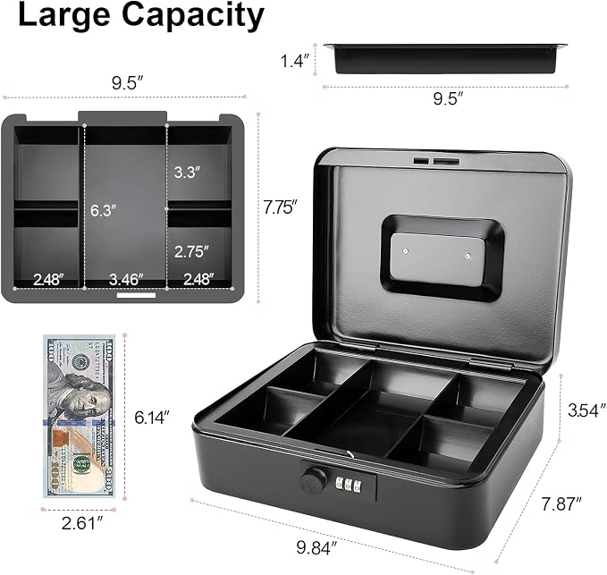 Jssmst Large Cash Box with Combination Lock – Durable Metal Cash Box with Money Tray Black(9.8 x 7.9 x 3.5), SM-CB07001L - Image 2