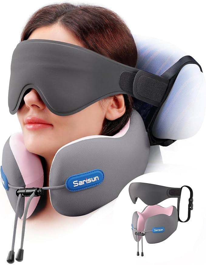 SARISUN Travel Pillow for Airplane,Seat Strap for Neck Support,3D Eye Mask | Airplane Neck Pillow, Memory Foam, Ergonomic Comfort Head Neck Chin Support for Flights,Car Road Trip Travel Essentials Pink by SARISUN