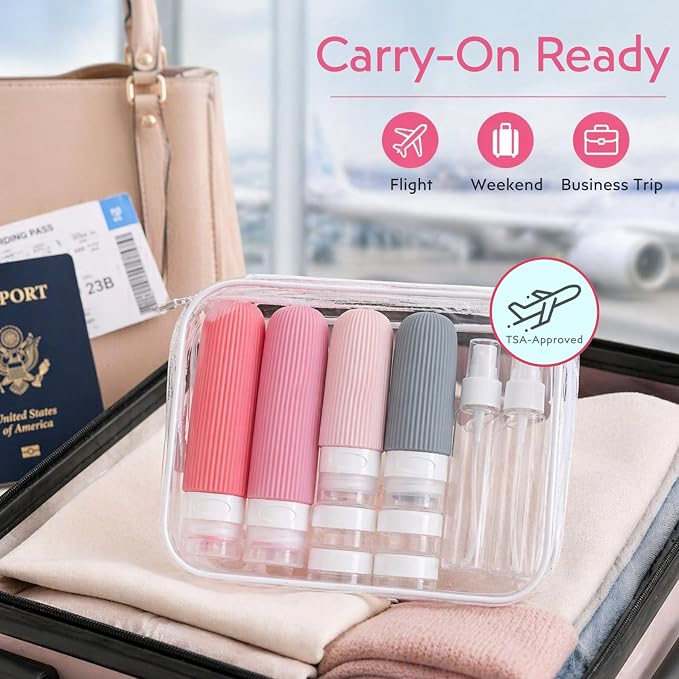 16 Pack Travel Bottles Set - TSA Approved Containers for Toiletries, Leak Proof Silicone Travel Size Containers with Jars, Spray Bottles & Clear Bag for Shampoo, Lotion - Image 7