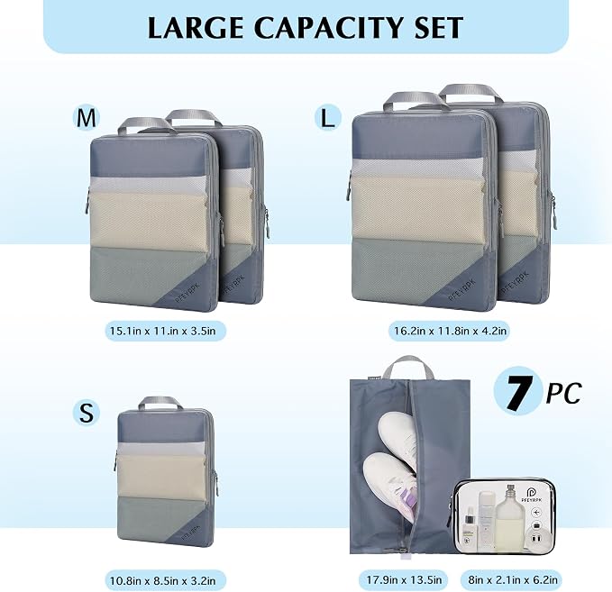 PFEYRPK Lightweight Compression Packing Cubes for Suitcases, Compressible Expandable Travel Packing Organizer with Clear Toiletries and Backpack Bag, Travel Essentials for Carry on Luggage 7 Set - Image 7