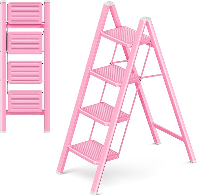 4 Step Ladder, Foldable Step Stool with Widened Pedal, Pink | Sturdy Carbon Steel, Anti-Slip Feet, Portable, 330LBS Capacity, Space Saving, for Kitchen, Bedroom, Pantry Use by GameGem
