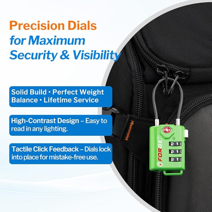 TSA Approved Cable Luggage Locks, Re-settable Combination with Alloy Body (Green 4 Locks) - Image 4