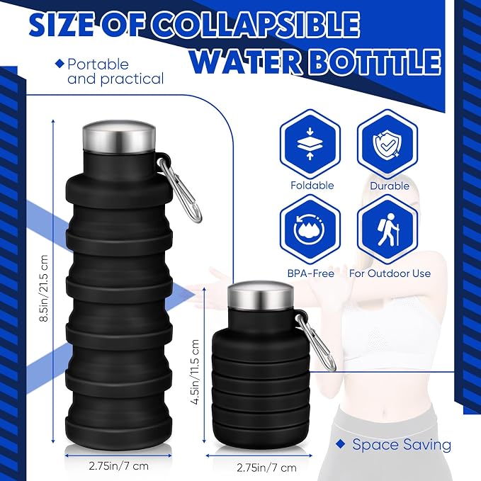 Baderke Collapsible Water Bottles 17oz Travel Sports Portable Water Bottle with Portable Buckle Silicone Lightweight Reusable Leakproof for Camping Hiking Yoga Outdoor (Black) - Image 2