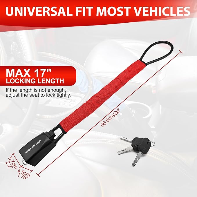 KAYCENTOP Car Steering Wheel Lock, Seat Belt Lock, Anti-Theft Device, Max 17 Inch Length, Small and Light-Weight, Multi-Functional, Fit Most Vehicle, SUV, Golf Cart Security (Red) - Image 2