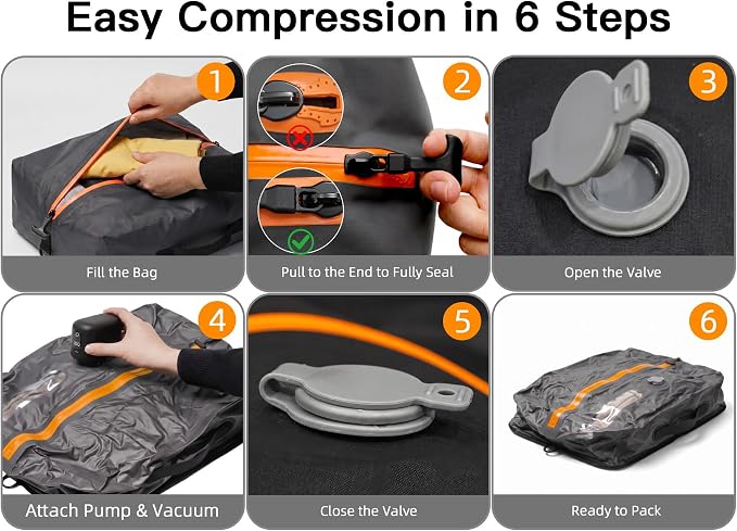 Travel Vacuum Bags With Pump, 1 Pack 22L Compression Kit For Clothes | IPX8 Waterproof; 3-5 Minute Compression; USB-C Cordless Pump; Up To 60-Minute Runtime; Saves Up To 60% Space; Airtight Seal - Image 8