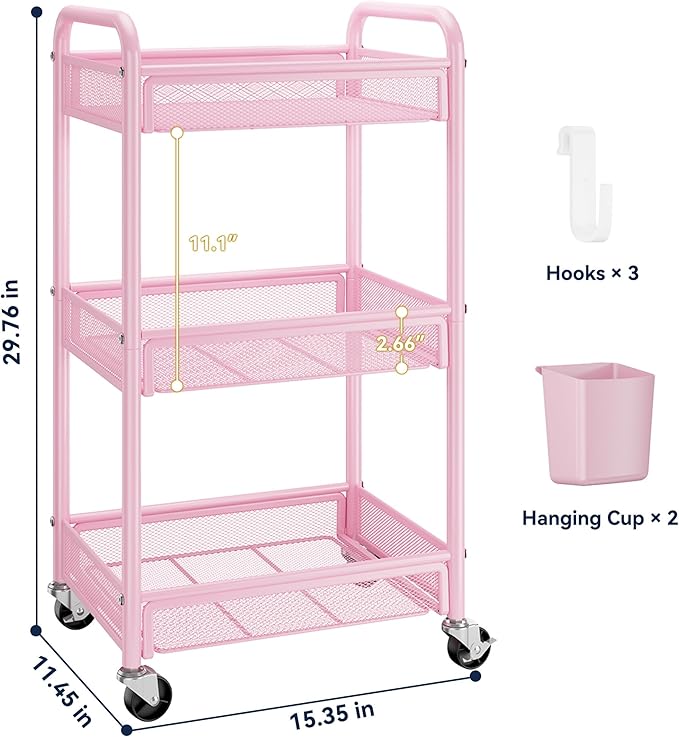 3 Tier Metal Rolling Cart, Pink Utility Storage Cart with Wheels | Metal Mesh Craft Cart With Hooks & Hanging Cups, Ideal For Kitchen, Bathroom, Office, Dorm, Art Workspace, Bedside Storage - Image 6