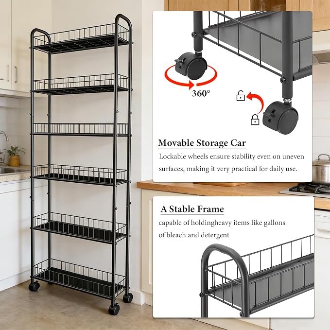 Slim Storage Cart with Wheels, Metal 6-Tier 6in Black Narrow Rolling Shelf, Sturdy Slim Storage with Hooks Ideal for Kitchen, Bathroom, and Laundry Room - Image 8