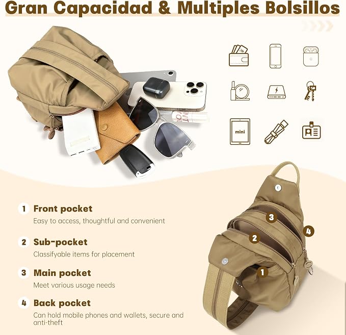 Waterproof 2-Way Mini Commuter Bag, Multi-Compartment Oxford Small Backpack, For Women, Collegeman, Commuter, Travel with Anti-Theft,Three in One Multifunctional Convertible Design(Khaki) - Image 3