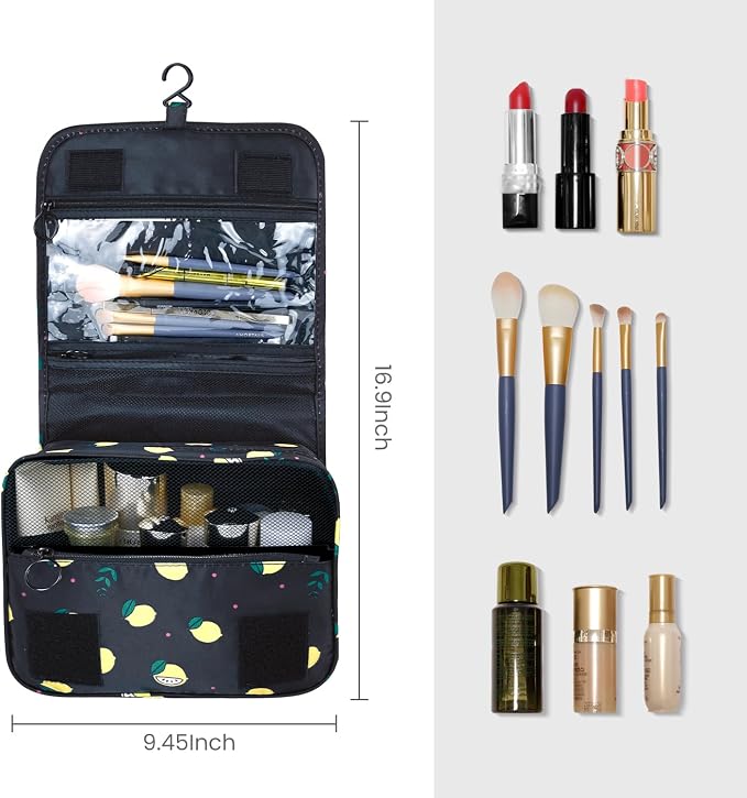 Lcsmaokin Large Capacity Toiletry Bag Travel Bag with Hanging Hook for Men and Women Waterproof Travel Cosmetic Bag Bathroom Storage Bag for Brushes Set,Full-Sized Shampoo,Accessories-Grey Lemon - Image 5