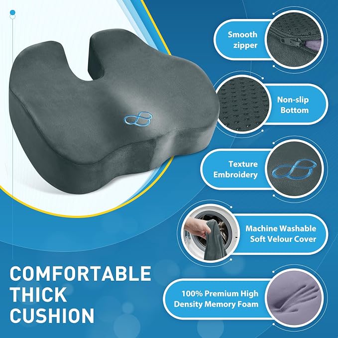 BlissTrends Memory Foam Seat Cushion for Office Chair & Car Seat, DarkGreen | 4.7in Ergonomic Tailbone & Sciatica Support with Removable Velvet Cover for Pressure Relief and Long Sitting Comfort - Image 4