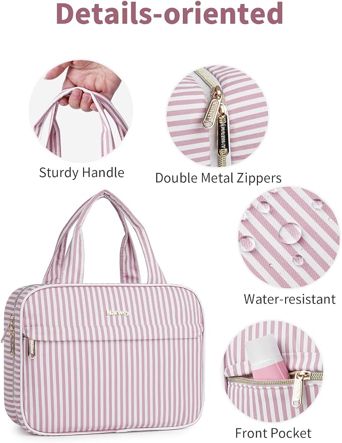 Narwey Striped Hanging Toiletry Bag for Women Travel Makeup Bag Cosmetic Make Up Organizer Toiletries Bag for Travel Essentials Accessories (Dusty Pink Stripe, Medium) - Image 4