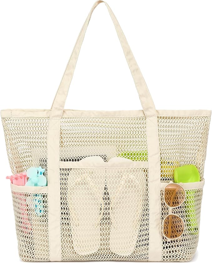 Fammart Mesh Beach Bag for Women, Summer Straw Tote Hobo Pool Bags with Zipper Pocket, Travel Vacation Cruise Essentials 2026 by Fammart