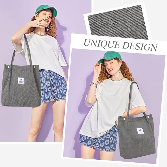 LHMTQVK Corduroy Tote Bags for Women, Large Capacity Tote Purse Reusable Grocery Shoulder Bag with Inner Pockets - Image 7