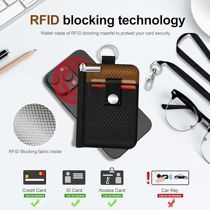 Minimalist RFID Blocking Small Wallet with ID Window,WaterResistant Zip Id Case Wallet with Lanyard Keychain for Cards,Cash,Travel,Women,Men (Black/Brown) - Image 4