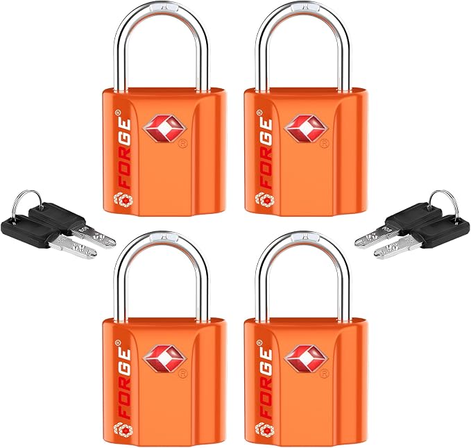 Forge Small TSA Approved Luggage Locks: Ultra Secure Dimple Key Travel Locks Alloy Body. for Luggage, Travel Cases, Backpacks, Orange 4 Pack. by Forge