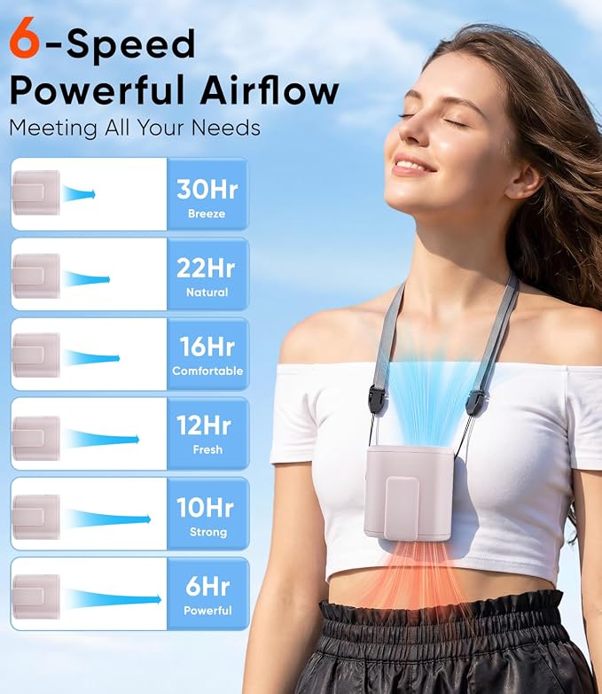 AI Portable Waist Fan, 6-Speed 15,000RPM Strong Turbo Airflow, 30H Cooling Battery Powered Personal Fan Rechargeable, Wearable Hands-Free Shirt/Belt/Body Fan for Travel, Work, Outdoor Off-White - Image 3