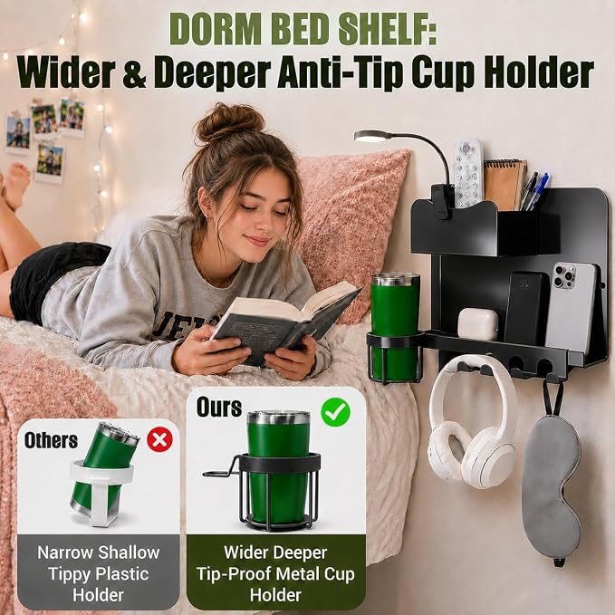 Floating Bedside Wall Shelf, Metal Wall Organizer with Detachable Cup Holde | No Drill Floating Wall Mounted Storage for Bedroom, Dorm, Loft Bed, Bunk Bed & Small Space Organization - Image 4