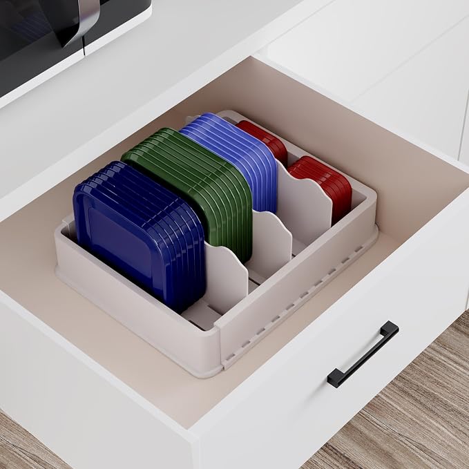 SWOMMOLY Expandable Food Container Lid Organizer for Kitchen Cabinet | Expands 9.8" to 17.3", Lid Holder with 6 Adjustable Dividers, 30 Writable Labels for Cabinets, Drawers and Pantry Storage - Image 5