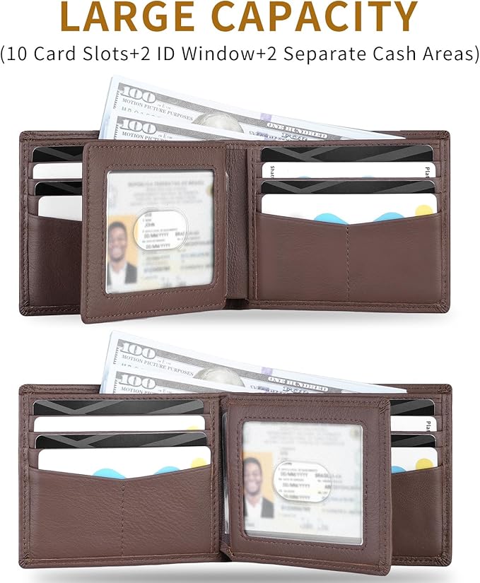 Mens Wallet - Genuine Leather Bifold RFID Blocking Slim Front Pocket Large Capacity with 10 Card Slots, 2 ID Windows & 2 Cash Pockets - Heavy Duty Stitched Gift for Men (Brown) - Image 3
