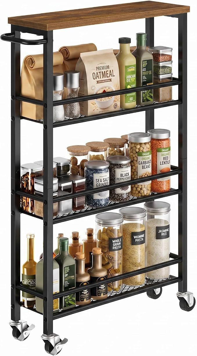 Pipishell Slim Storage Cart with Wheels - 4 Tier Rolling Kitchen Storage Cart with Handle and Wood Top, Metal Slim Bathroom Cart for Laundry Room, Bathroom, Kitchen, Narrow Space, Black & Rustic Brown by Pipishell