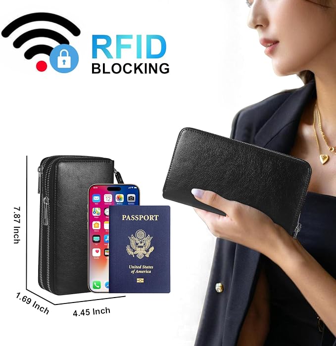 Double Zipper Wallet for Women RFID Blocking Cellphone Wristlet Large Size Multi Card Clutch Purse with Removable Strap, Black - Image 2