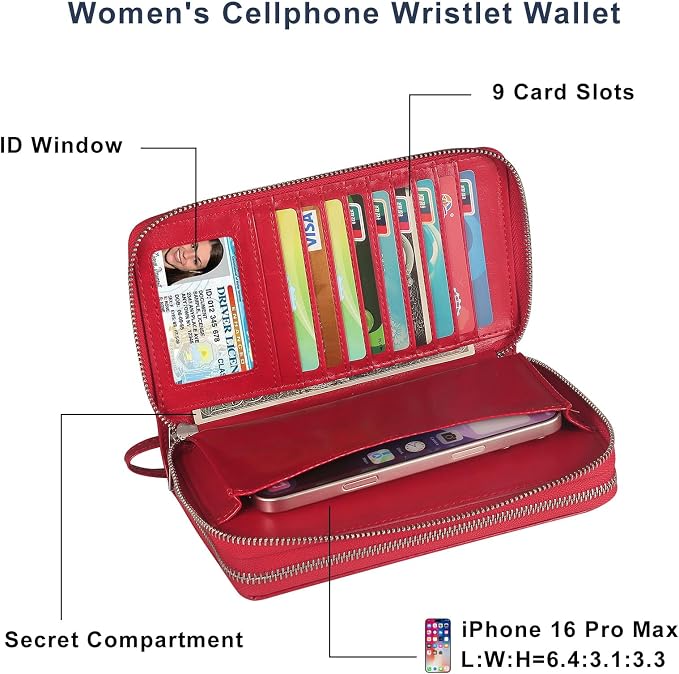 Women’s Wallet for Cell Phone Anti Theft Wristlet Bag with Strap RFID Blocking Double Zipper, Red - Image 3