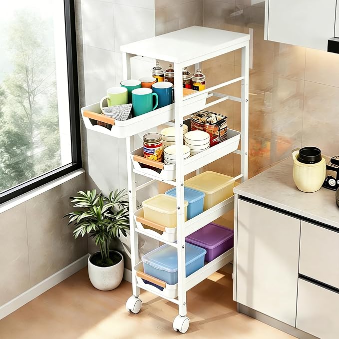 Slim Storage Cart with Wheels Pull-Out 5-Tier Rolling Storage Cart | narrow white 8.07in Wide, Mesh Baskets with Raised Edge, Wood-Grain Top, 360° Lockable Casters, Easy Assembly by Unknown