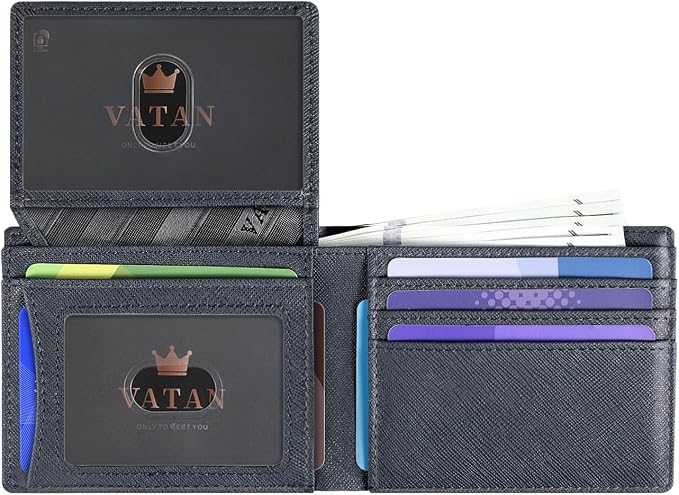 VATAN Wallet for Men Slim RFID Blocking Leather Credit Card Holder Wallet for 15 Cards, Bifold Minimalist Thin Wallet with 2 ID Windows & Cash Slot, With Gift Box (Cross Grain Deep Blue) by VATAN