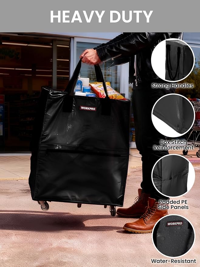 WORKPRO Medium Rolling Grocery Bag, 18-Gallon Shopping Tote with 4 Wheels | Reusable Grocery Bag on Wheels, Holds Up to 75 lbs, Heavy Duty Rolling Tote for Groceries, Laundry, Moving & Storage - Image 4