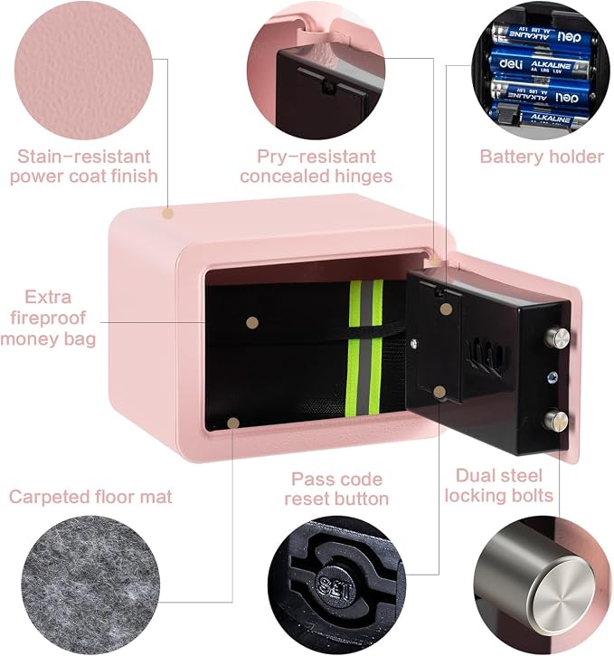 0.23 Cubic Feet Safe Box, Small Safe W/Fireproof Bag, Keys & Pass Code, Digital Electronic Security Money Box for Cash, Document, Home, Office, Hotel Use, Pink, 6.69"D x 9.06"W x 6.69"H - Image 5