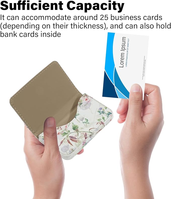 Business Card Holder，PU Leather Business Card Case Color Printing Pattern Card Holder Wallet，Pockets Magnetic Credit Card Holders for Men and Women - White Flowers - Image 3
