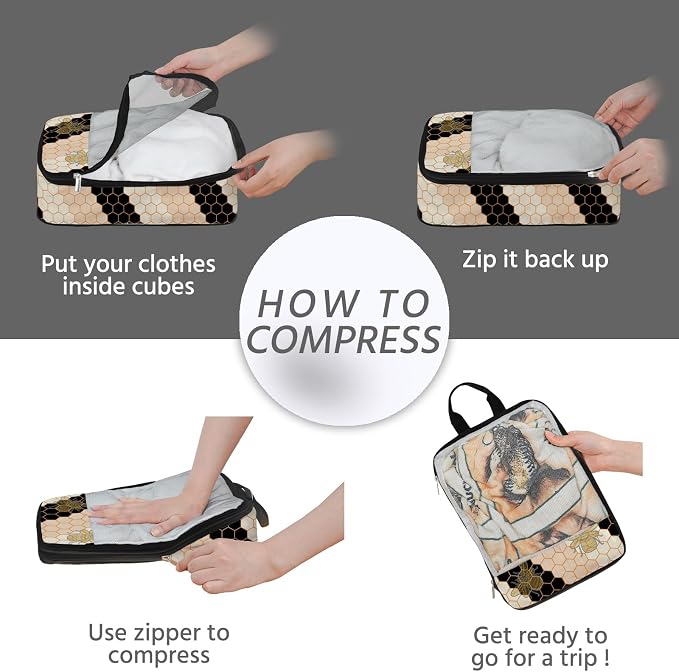 7 Pcs Compression Packing Cubes for Travel, Waterproof Suitcase Luggage Backpack Organizer with Toiletry Bag Travel Essentials for Women/Men-Bees - Image 5