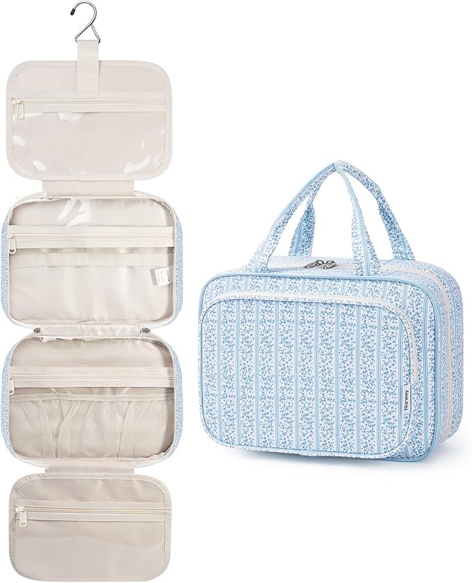 Narwey Hanging Toiletry Bag for Women Travel Makeup Bag Organizer Toiletries Bag for Travel Size Essentials Accessories Cosmetics (Blue Flower Buds (Medium)) by Narwey