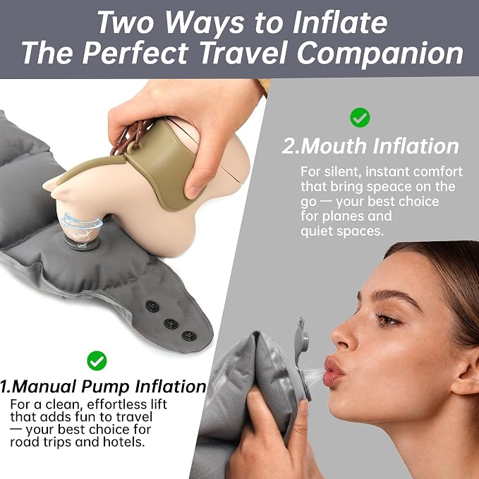 InfInflatable Travel Neck Pillow Built-in Pump & Cute Storage Bag | Adjustable Cervical Support Travel Pillow For Airplane, Train, Office, And Long Trips. Hygienic Fabric (Gray) - Image 3