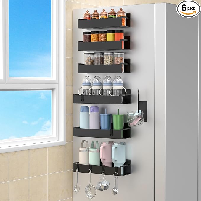 HuggieGems Magnetic Water Bottle Holder for Refrigerator, Cup Holder Organizer for Stanley and Tumbler for Kitchen, 6 Pack, Black by HuggieGems