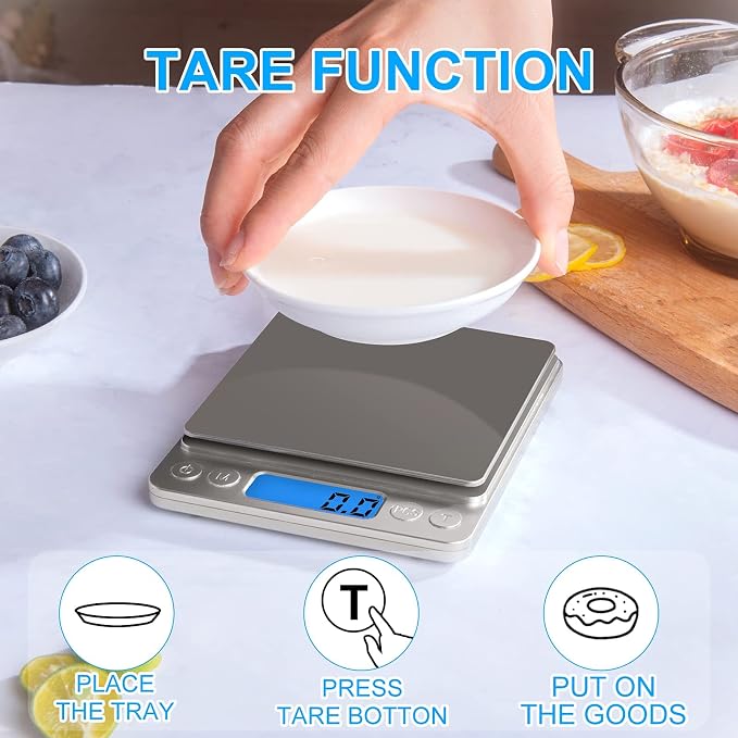 Small Digital Food Scale Ounce/OZ and Gram Scale, Kitchen Scale 3000g/0.1g High Precision for Baking, Soap Making, Jewelry, Includes 2 Trays and Batteries, 9 Units, Tare Function, Easy to Store - Image 4