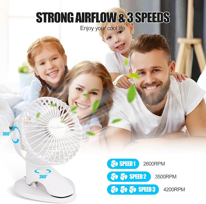 Portable Clip Fan Battery Operated,3 Speeds USB Rechargeable Mini Table Fan with Strong Airflow,360°Rotation Ultra Quiet Personal Desk Fan for Home Office Bedroom Dorm Stroller Camping(White) - Image 3