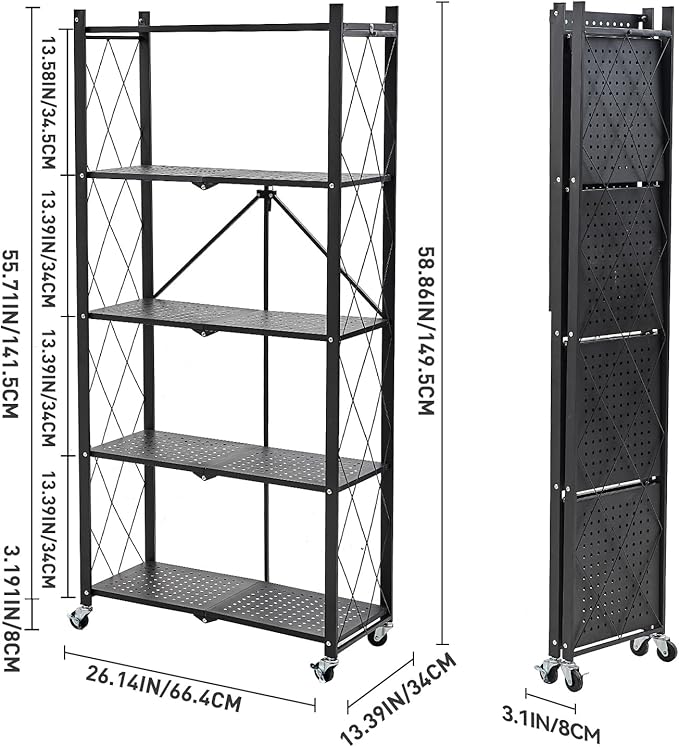 BRIAN & DANY 5-Tier Foldable Storage Shelves with Wheels, Folding Metal Rack Shelving Unit, Heavy Duty No Assembly Organizer Shelf for Garage, Kitchen, Basement, Pantry, Black - Image 3