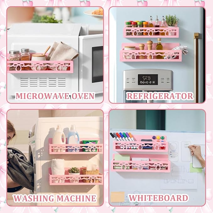 Beeveer 2 Pcs Magnetic Spice Rack for Refrigerator, Pink Bow | Magnetic, No Drilling, Pink Bow Kitchen Decor, Pink Home Accessories, 2 Sizes Metal Storage Shelf for Fridge Spices - Image 7