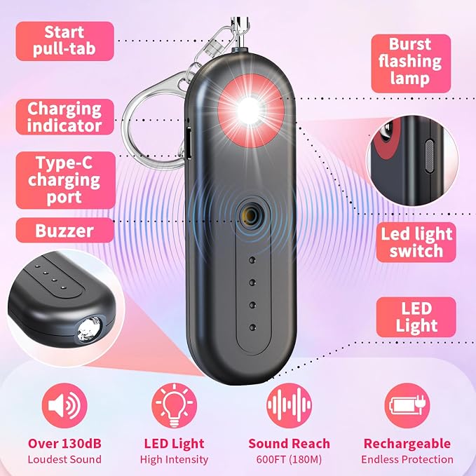Rechargeable Personal Safety Alarm for Women - 130dB Self Defense Keychain Siren Whistle with SOS Strobe Light, Low Battery Notice - Emergency Security Safe Protection Devices, College Essentials - Image 3