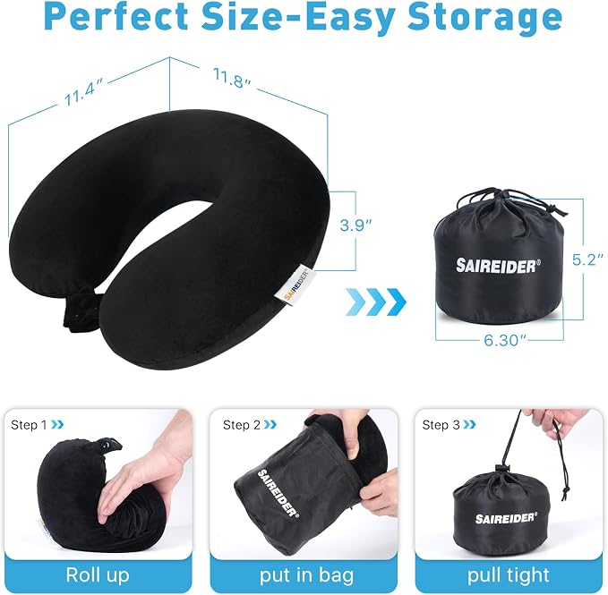 SAIREIDER Travel Pillow 100% Pure Memory Foam Travel Neck Pillow with Storage Bag, Airplane Pillow for Traveling、Car、Home、Office，Washable Cover（Black） - Image 6