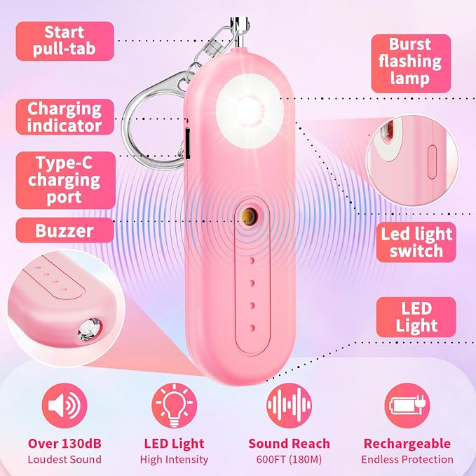 Rechargeable Personal Safety Alarm for Women - 130dB Self Defense Keychain Siren Whistle with SOS Strobe Light, Low Battery Notice - Emergency Security Safe Protection Devices, College Essentials - Image 3