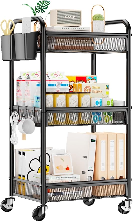 3 Tier Metal Rolling Cart, Black Utility Storage Cart with Wheels | Metal Mesh Craft Cart With Hooks & Hanging Cups, Ideal For Kitchen, Bathroom, Office, Dorm, Art Workspace, Bedside Storage by YASONIC