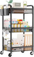 3 Tier Metal Rolling Cart, Black Utility Storage Cart with Wheels | Metal Mesh Craft Cart With Hooks & Hanging Cups, Ideal For Kitchen, Bathroom, Office, Dorm, Art Workspace, Bedside Storage by YASONIC