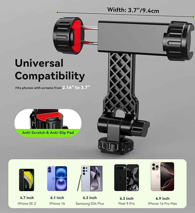 Phone Tripod Mount, Universal Smartphone Holder with 2 Cold Shoe Mount Adapter and 1/4" Standard Screw Thread, 360°Rotation & 180°Tilt Phone Clamp Compatible with iPhone & Android for Photography - Image 5