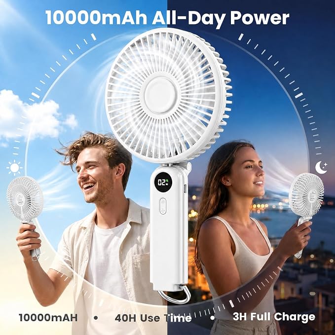Portable Handheld Fan, 10000mAh Rechargeable 6-Inch Personal Fan for Travel | Ultra Quiet Foldable Desk Fan, 5-Speed Battery Operated Fan with Up to 40H Runtime and Digital Display for Travel and Makeup - Image 4